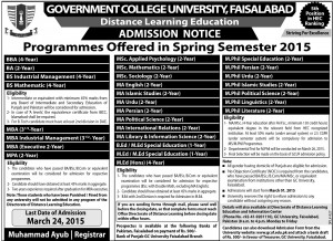admission Open - Spring 2015 - Government College University Faisalabad